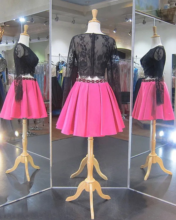 2018 Sexy Two Piece Short Homecoming Dresses Fuchsia Satin Skirt Black Lace Full Sleeve