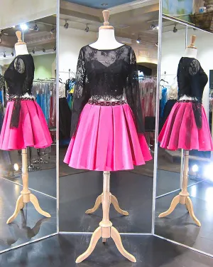 2018 Sexy Two Piece Short Homecoming Dresses Fuchsia Satin Skirt Black Lace Full Sleeve
