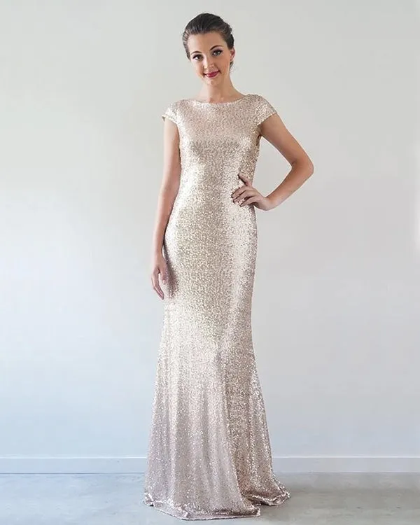 2020 Champagne Metallic Bridesmaid Dresses Jewel Cap Sleeve Slim Fitted Sheath Party Gowns for Brides