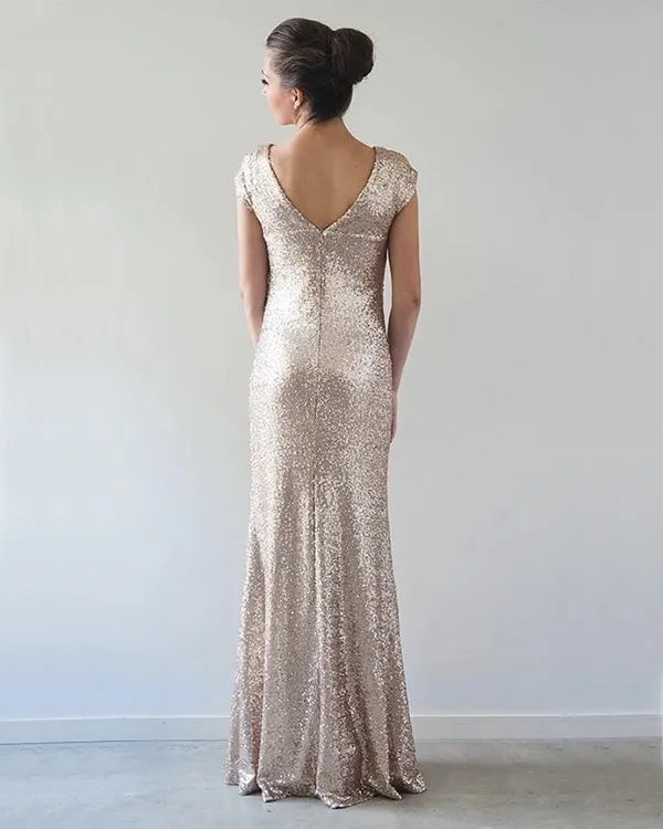 2020 Champagne Metallic Bridesmaid Dresses Jewel Cap Sleeve Slim Fitted Sheath Party Gowns for Brides