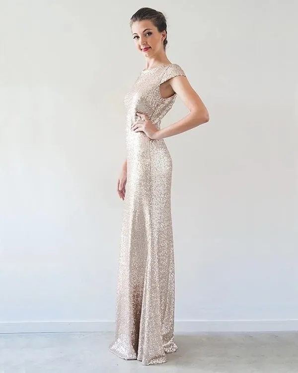 2020 Champagne Metallic Bridesmaid Dresses Jewel Cap Sleeve Slim Fitted Sheath Party Gowns for Brides