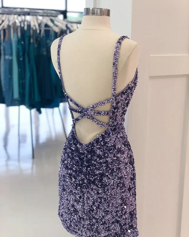 2021 Sexy Short Homecoming Dresses V-Neckline Backless Sheath Sparkly Prom Party Gowns
