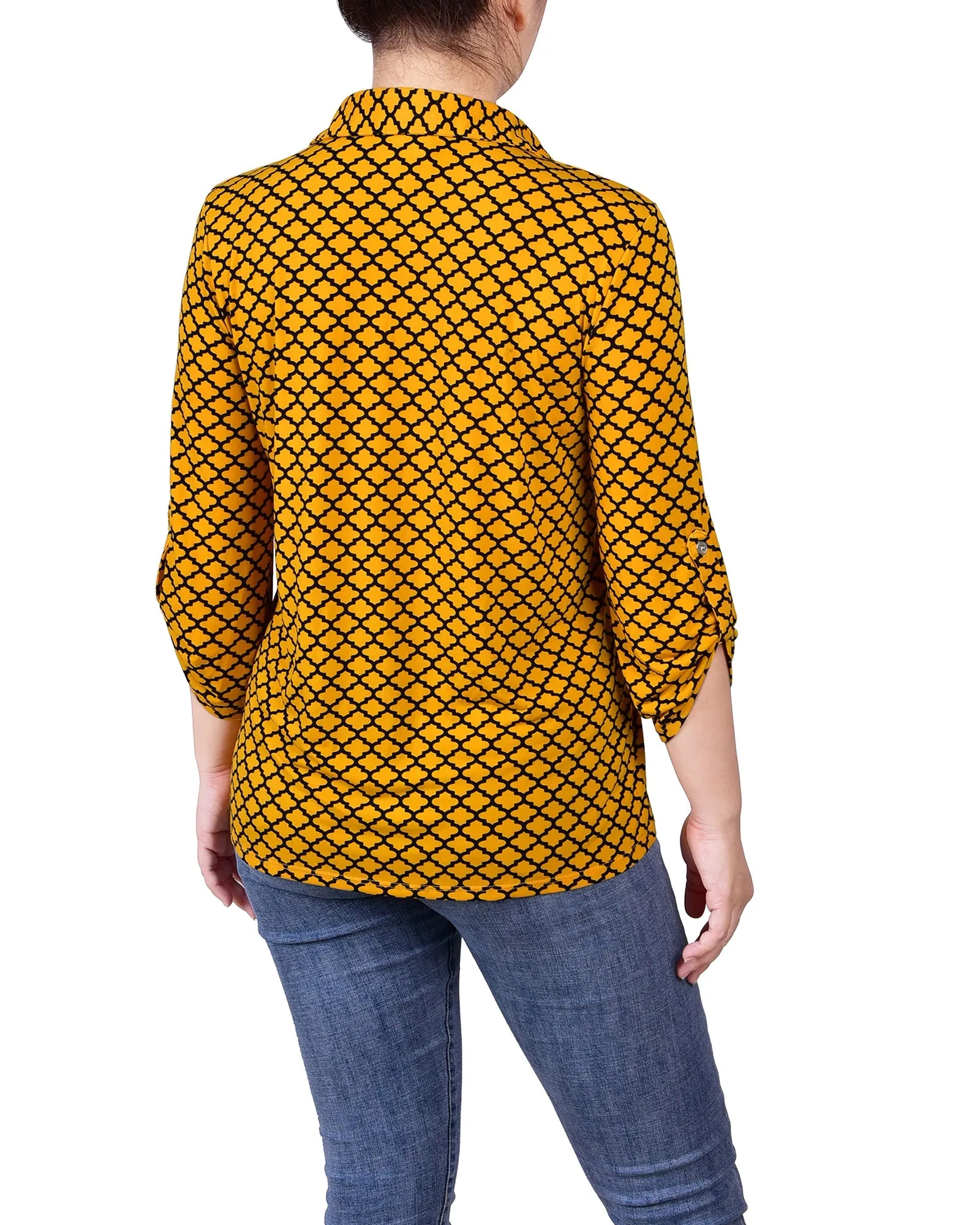 3/4 Roll Tab Sleeve Studded Y Neck Top 1