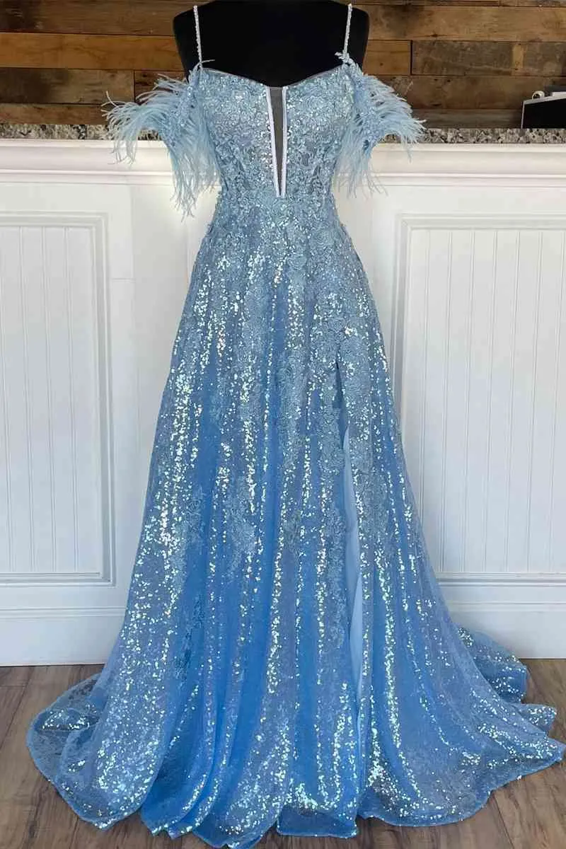 A Line Off-the-Shoulder 2025 Blue Plus Size Prom Dresses Sequin Feather with Slit