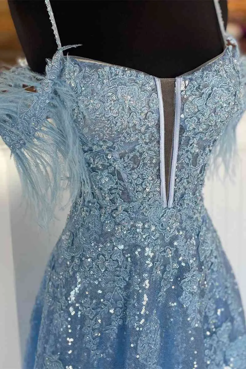 A Line Off-the-Shoulder 2025 Blue Plus Size Prom Dresses Sequin Feather with Slit