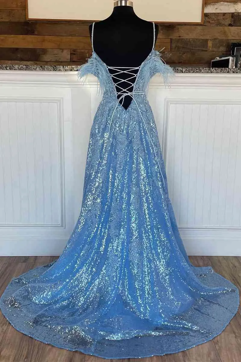 A Line Off-the-Shoulder 2025 Blue Plus Size Prom Dresses Sequin Feather with Slit