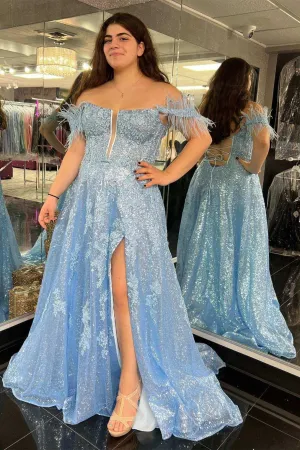 A Line Off-the-Shoulder 2025 Blue Plus Size Prom Dresses Sequin Feather with Slit