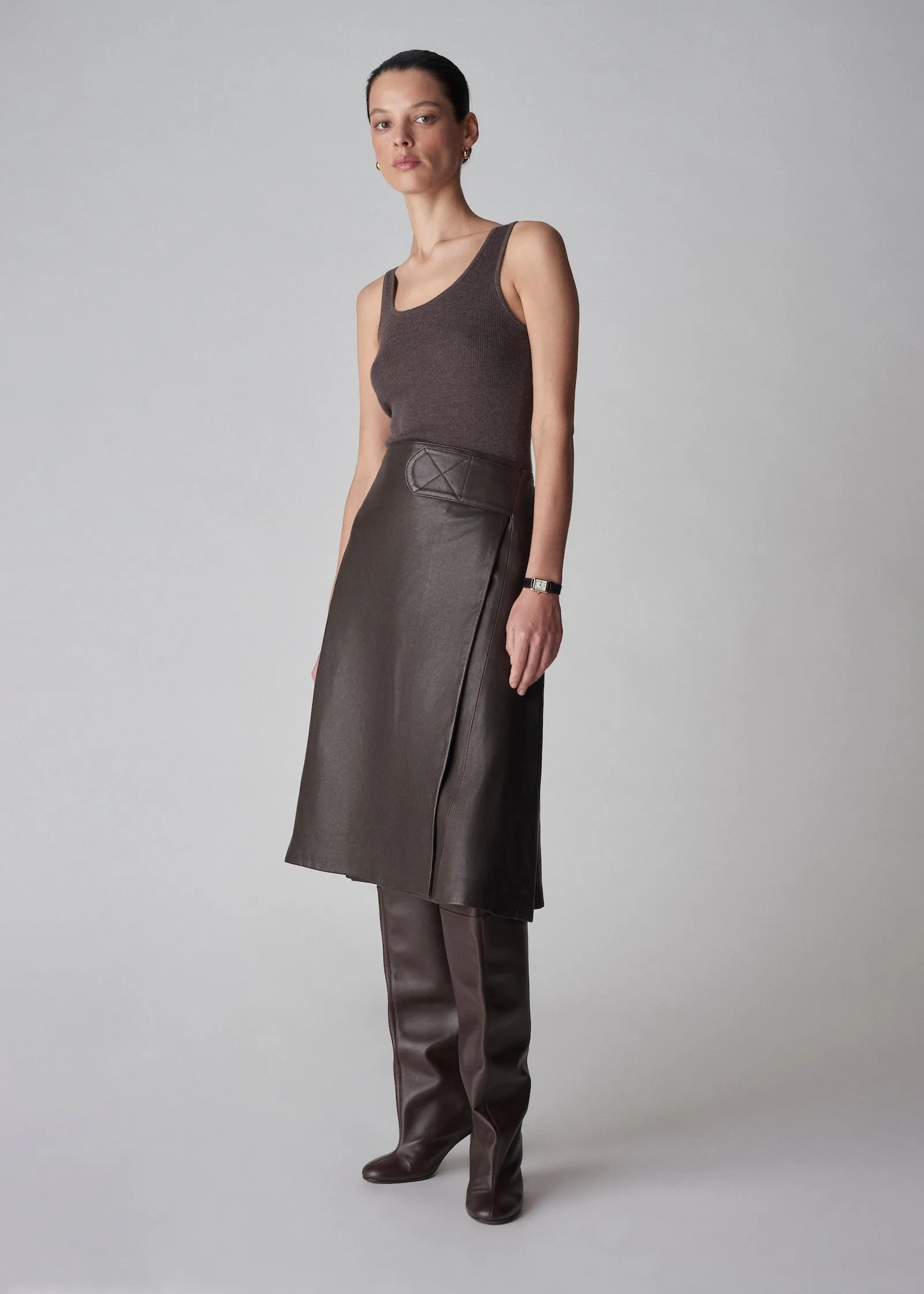 A-Line Wrap Skirt in Leather - Chocolate