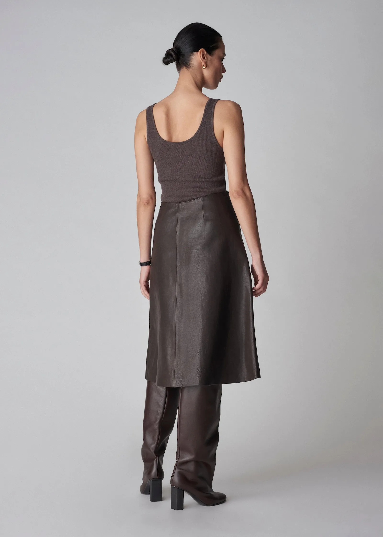 A-Line Wrap Skirt in Leather - Chocolate
