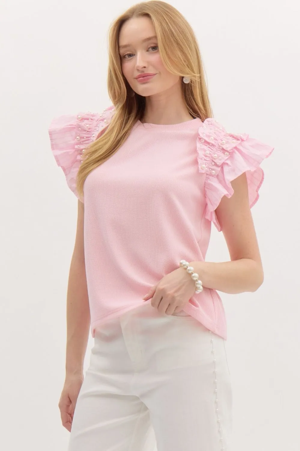 A Little Drama Pink Pearl Flutter Top