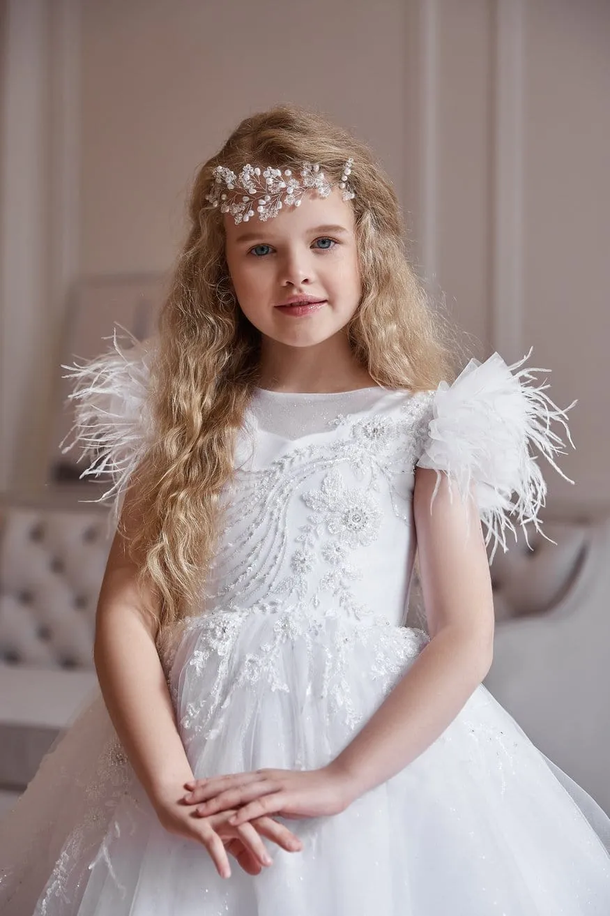 AB045 Ball Gown with Feathered Cap Sleeves