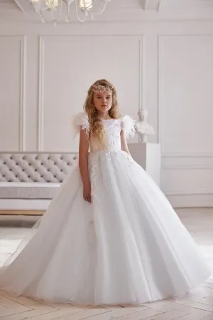 AB045 Ball Gown with Feathered Cap Sleeves