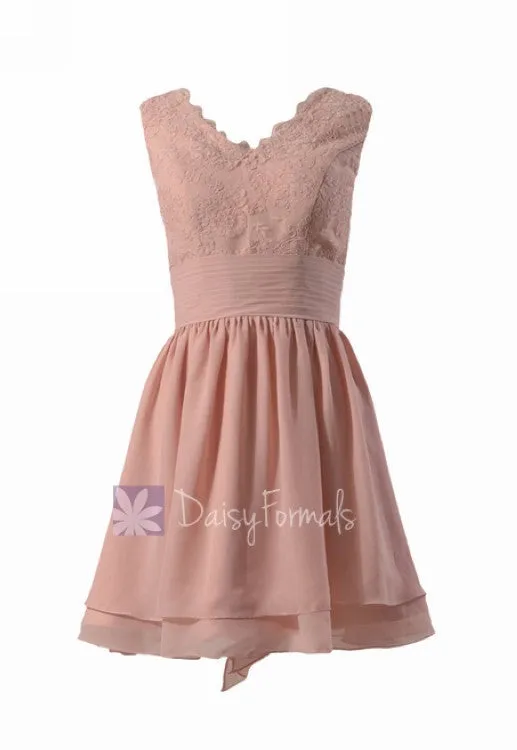 Amazing Short Lace Bridesmaid Dress Linen V-Neck Formal Dress W/Flowing Layers(BM29035)