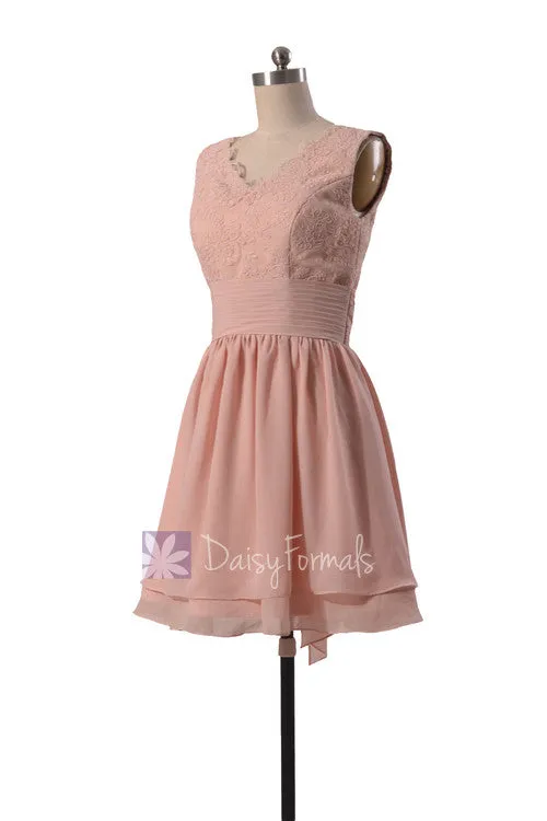 Amazing Short Lace Bridesmaid Dress Linen V-Neck Formal Dress W/Flowing Layers(BM29035)