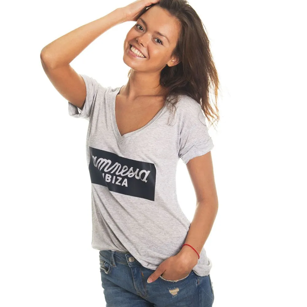 Amnesia Ibiza Women's Grey T-shirt with Leather Look Logo