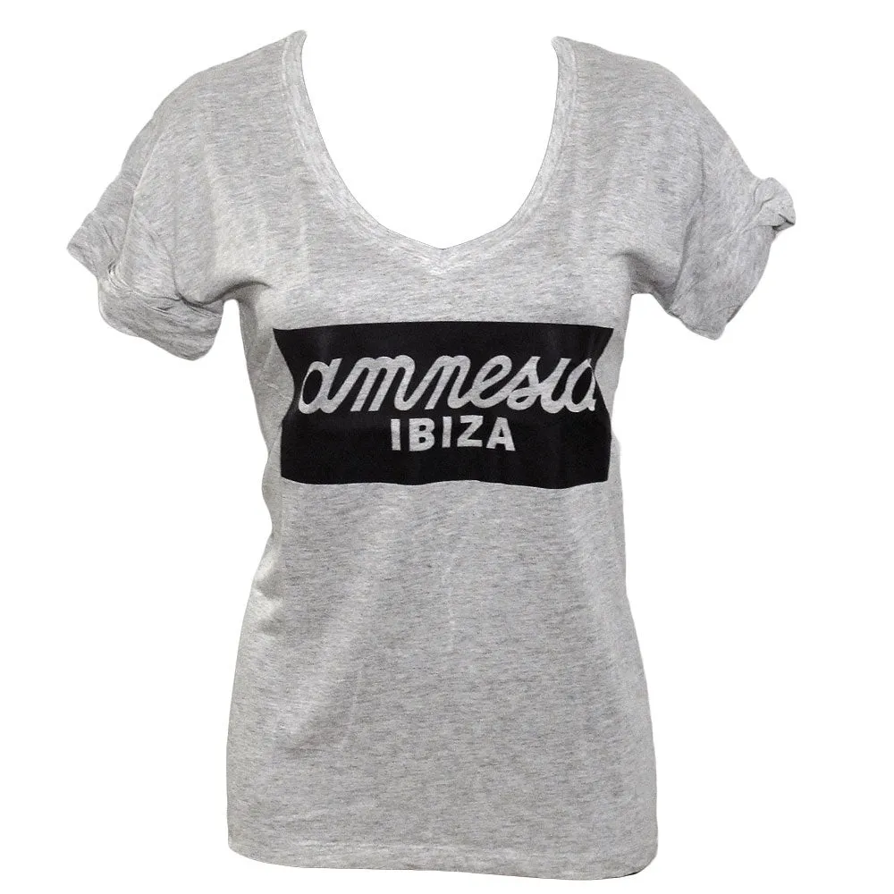Amnesia Ibiza Women's Grey T-shirt with Leather Look Logo