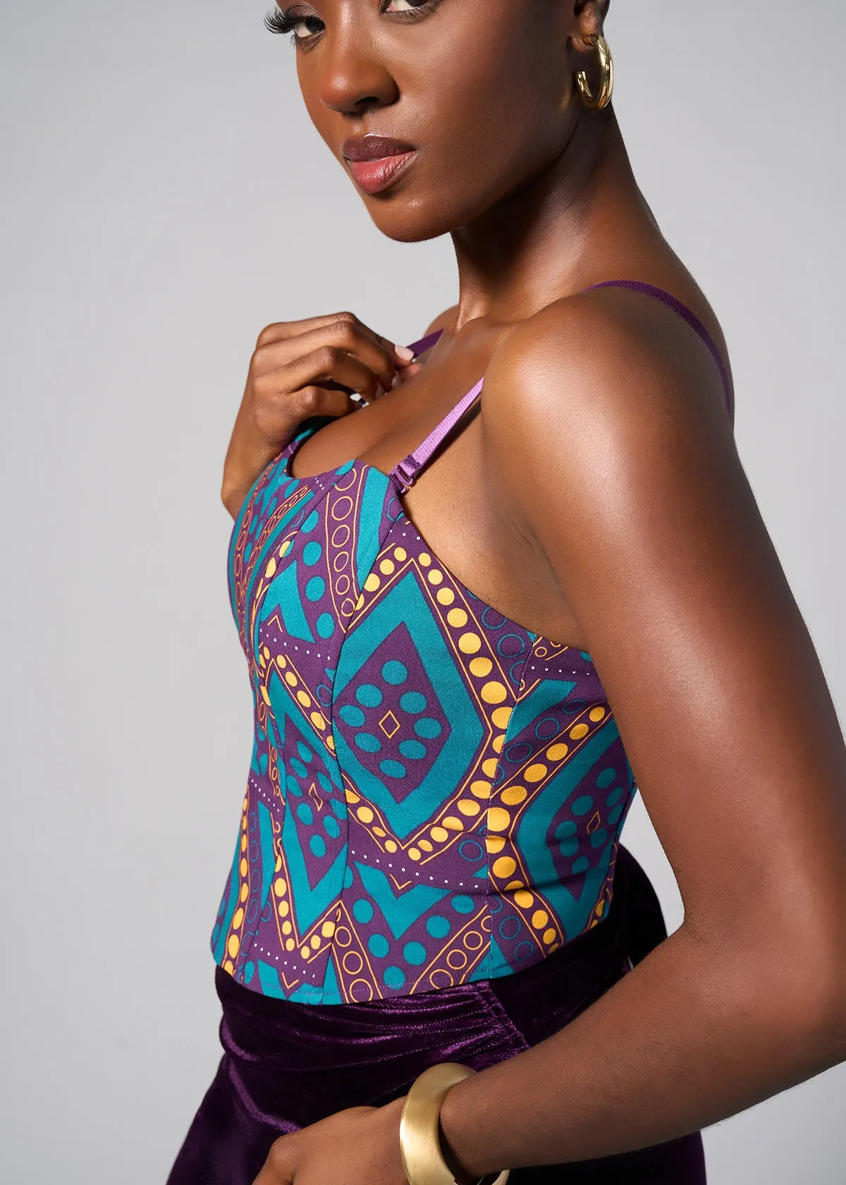 Anaih Women's African Print Stretch Corset (Emerald Retro Diamonds)