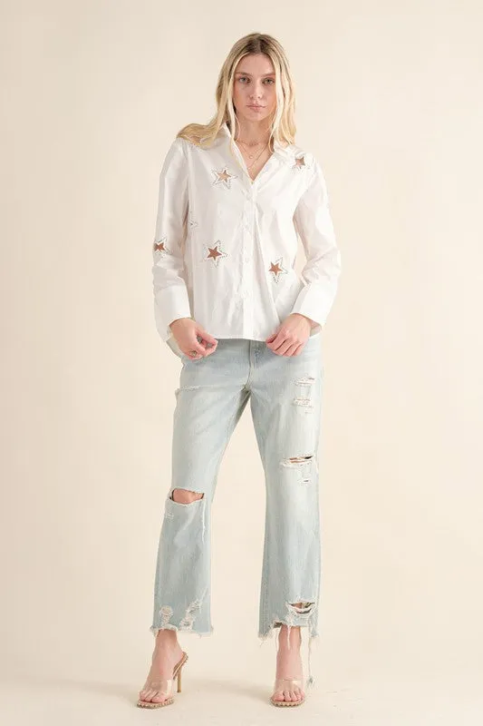 Angela Cotton Poplin Cut Out Star Studded Shirt