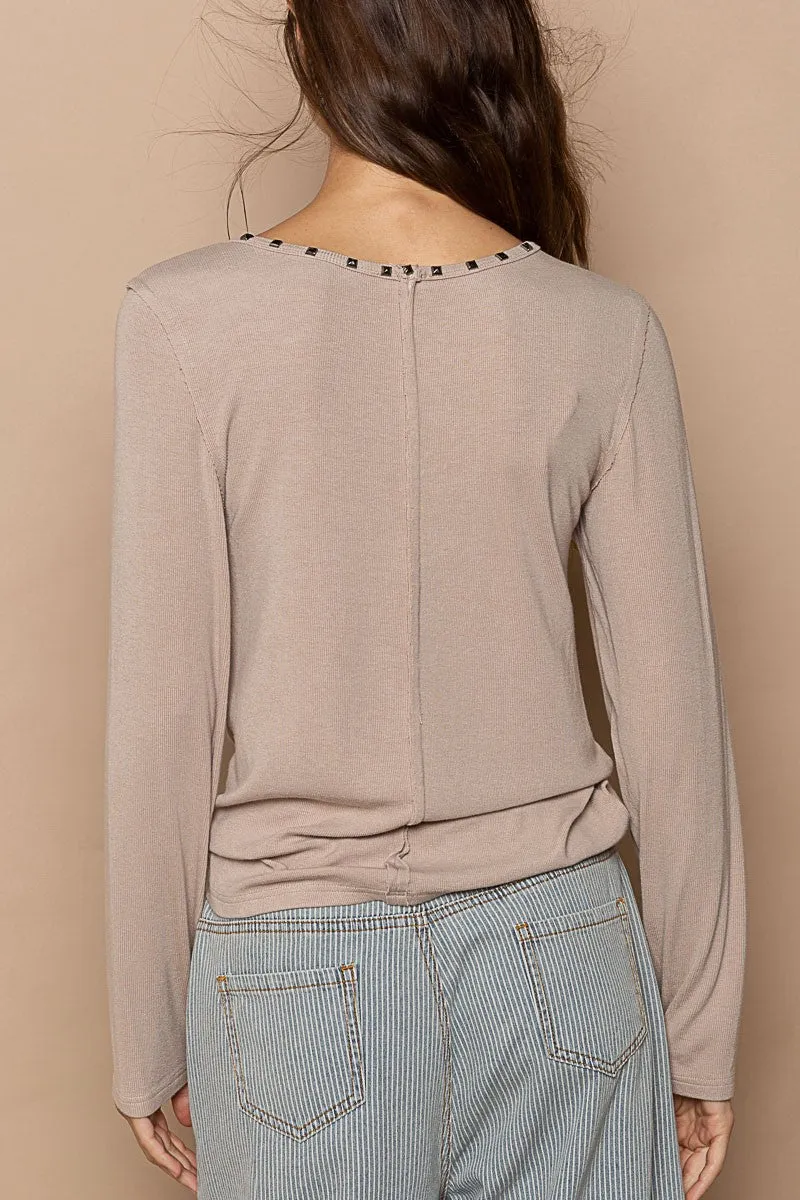 Antique Charcoal Studded Round Neck Keyhole Ribbed Knit POL Top 11/24/23 7627