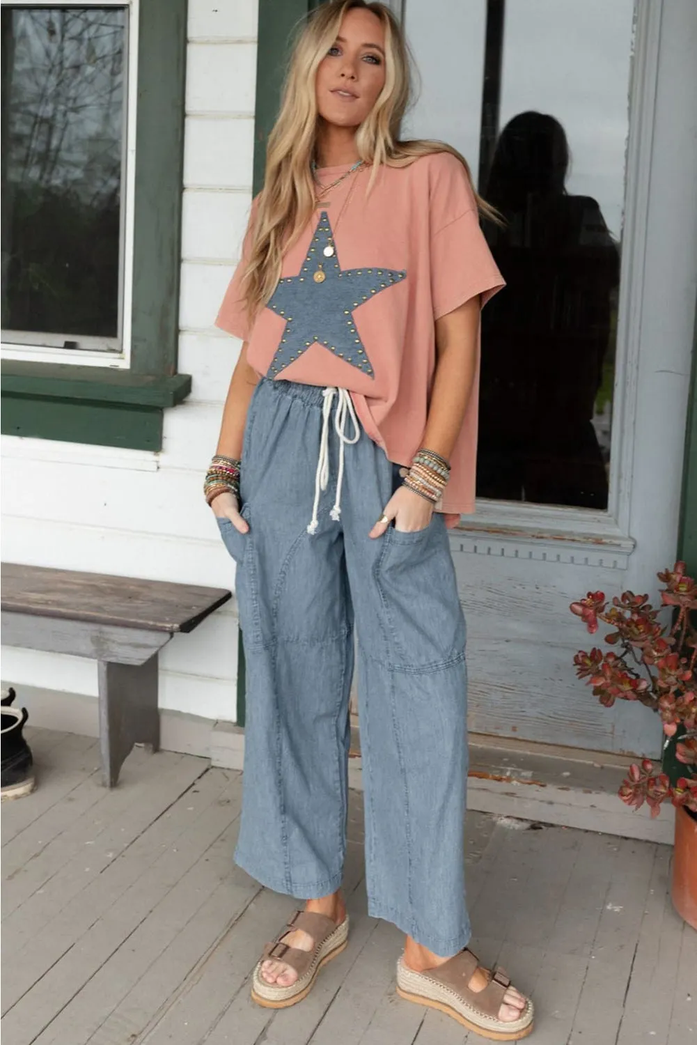 Apricot Pink Studded Star Patch Graphic High Low Tee