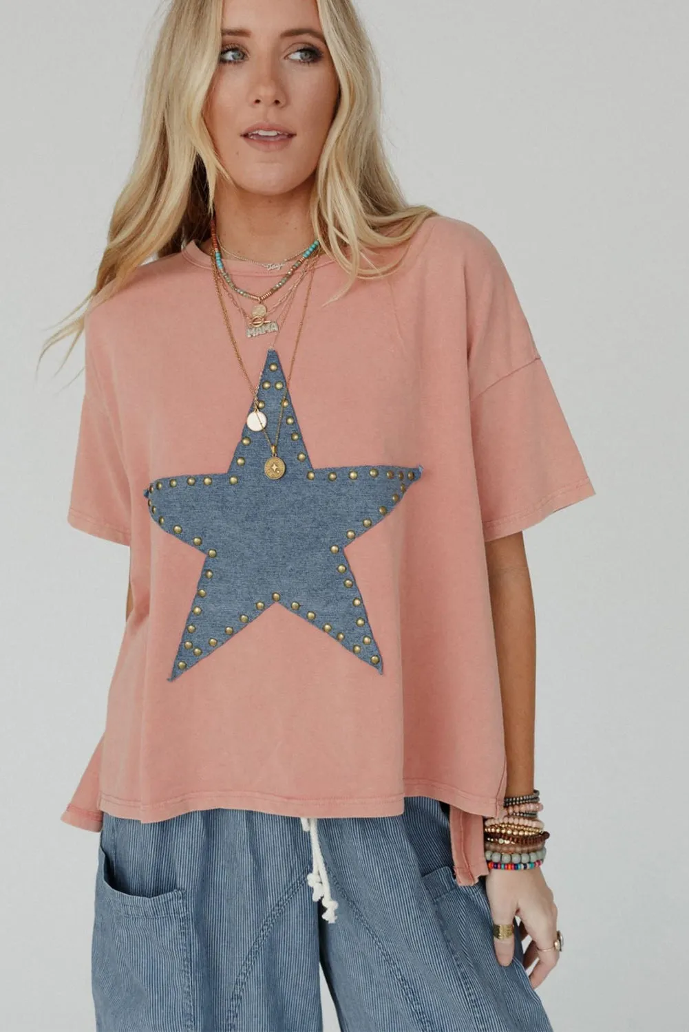 Apricot Pink Studded Star Patch Graphic High Low Tee