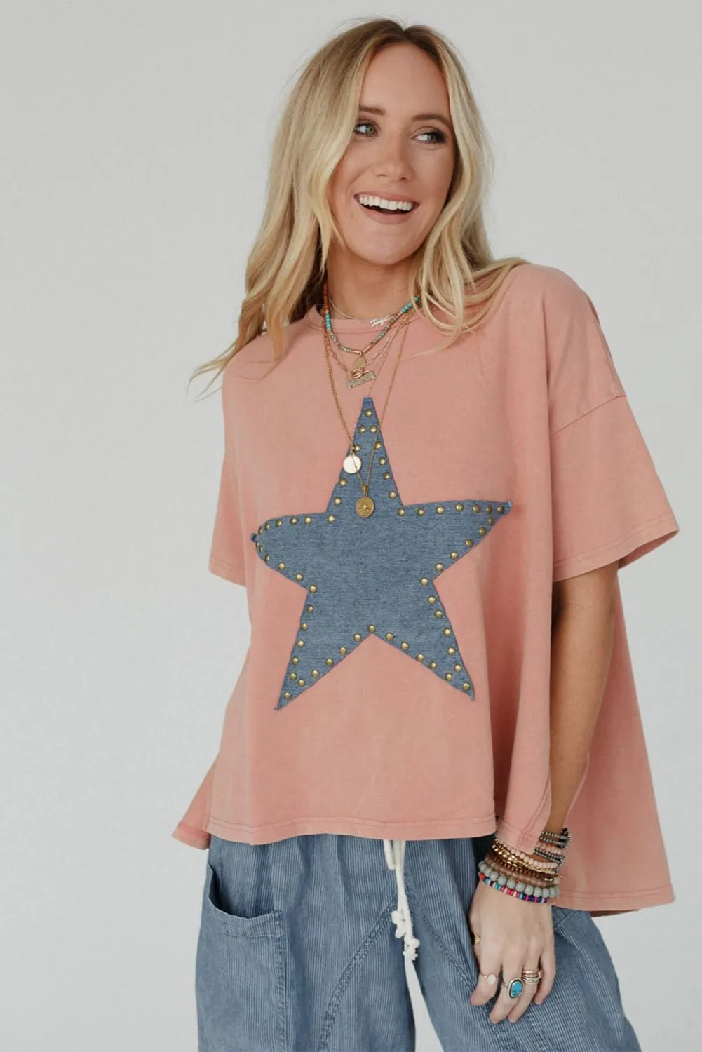 Apricot Pink Studded Star Patch Graphic High Low Tee