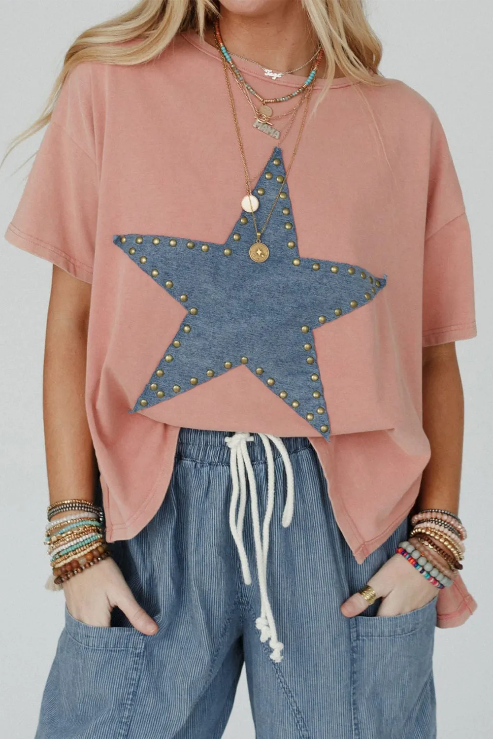 Apricot Pink Studded Star Patch Graphic High Low Tee