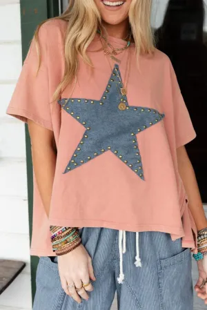 Apricot Pink Studded Star Patch Graphic High Low Tee