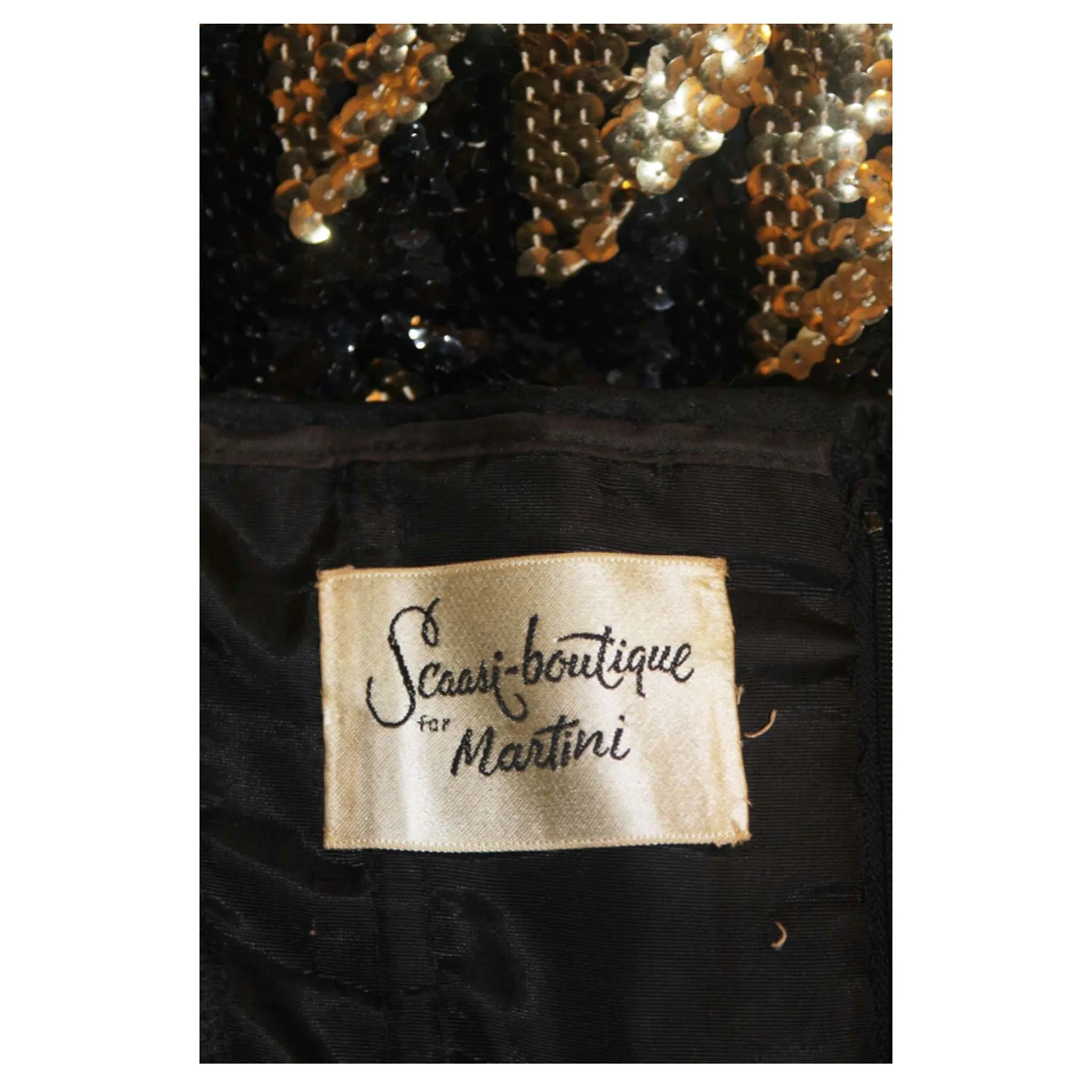 ARNOLD SCAASI Strapless Black and Gold Knit Sequin Gown Size 2-4