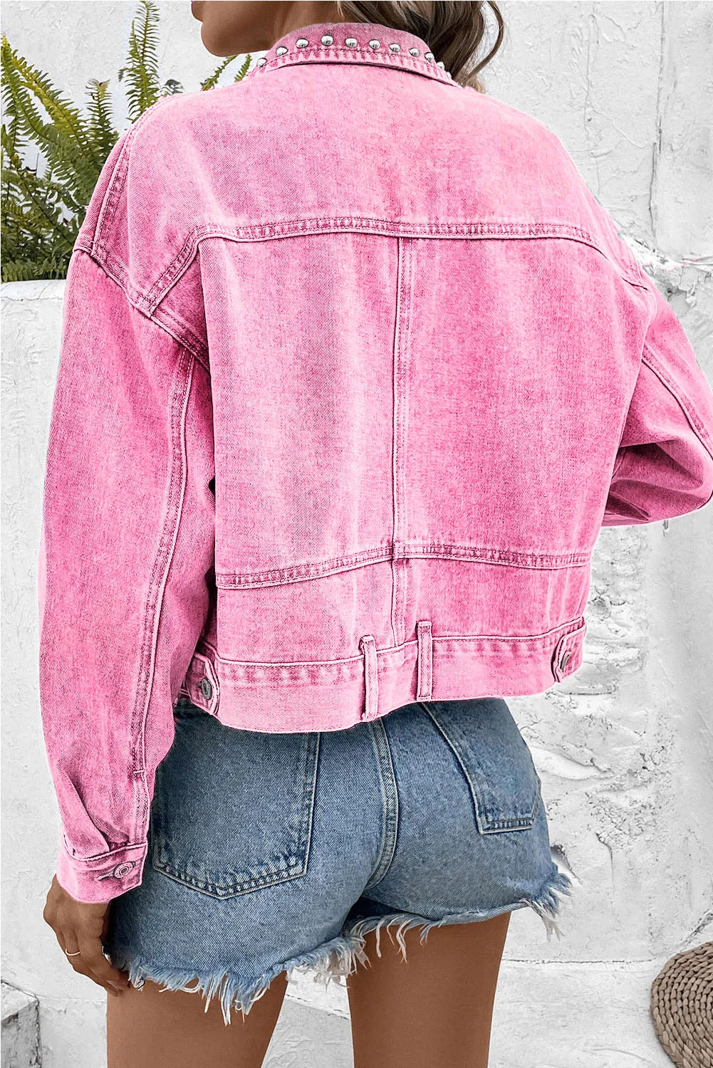 Barbie Style  Pink Rivet Studded Pocketed Denim Jacket