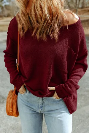 Biking Red Green Solid Color Off Shoulder Rib Knit Sweater with Pocket