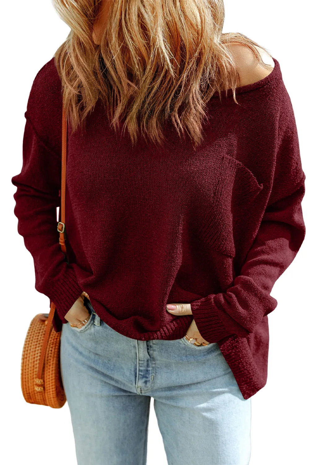 Biking Red Green Solid Color Off Shoulder Rib Knit Sweater with Pocket