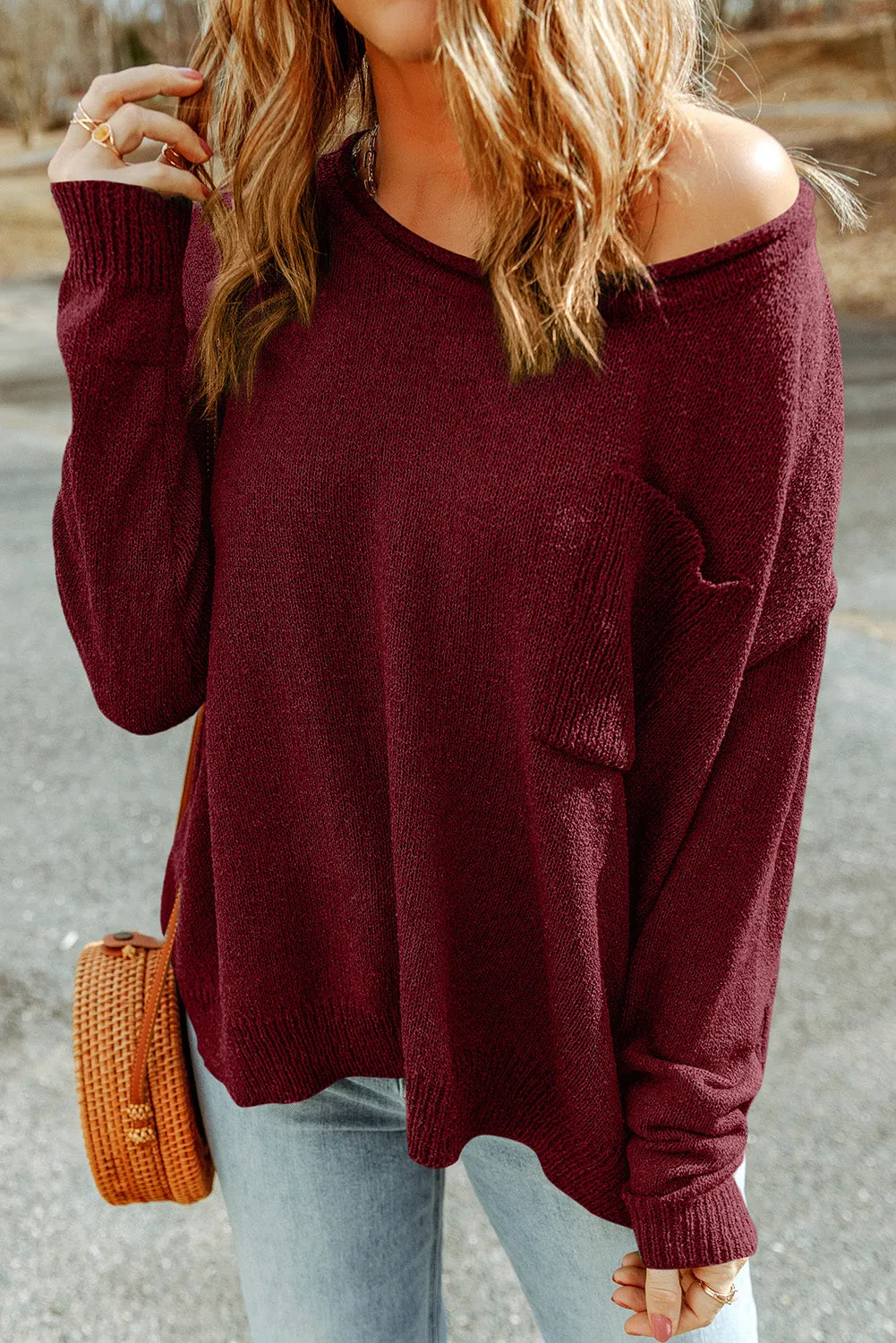 Biking Red Green Solid Color Off Shoulder Rib Knit Sweater with Pocket