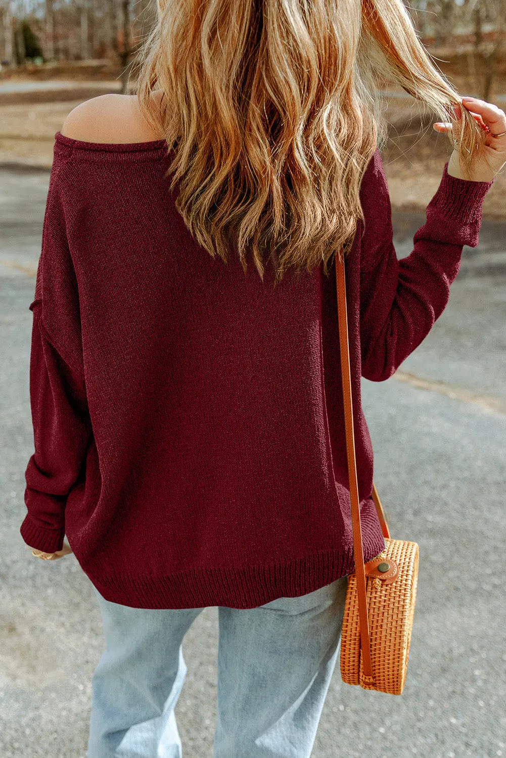 Biking Red Green Solid Color Off Shoulder Rib Knit Sweater with Pocket