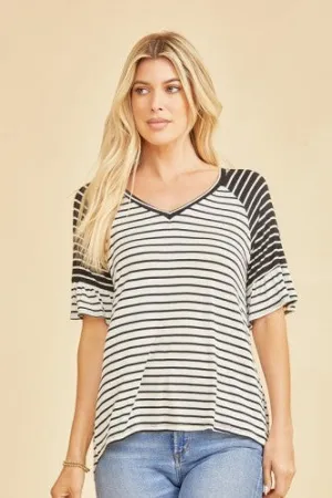 Black   Ivory Stripe Contrast Shoulder Ruffle Sleeve