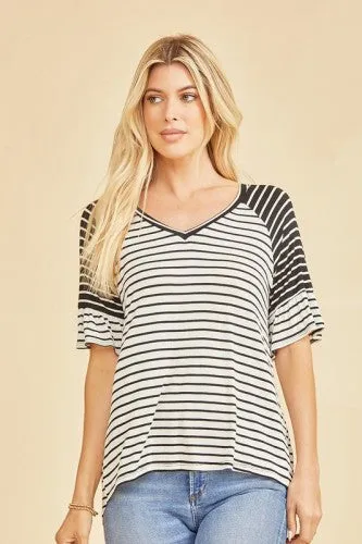 Black   Ivory Stripe Contrast Shoulder Ruffle Sleeve