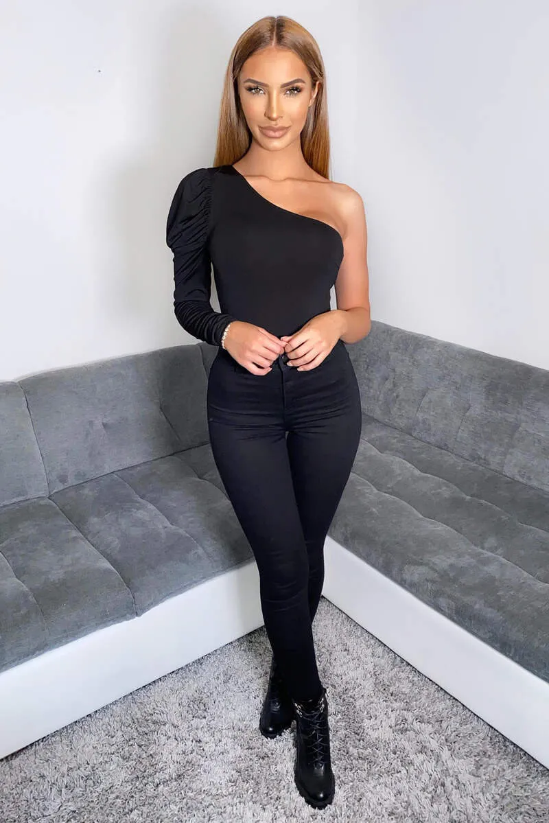 Black One Shoulder Puff Sleeve Bodysuit