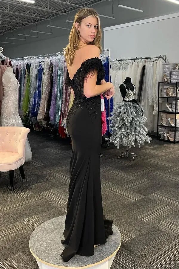 Black Satin Mermaid Off-the-Shoulder Feathered Prom Dresses With Slit, MP991