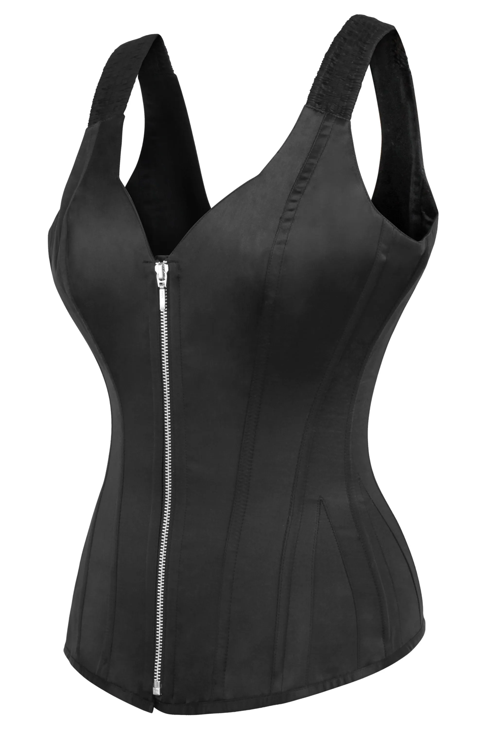 Black Satin Overbust Corset with Shoulder Straps and Zip