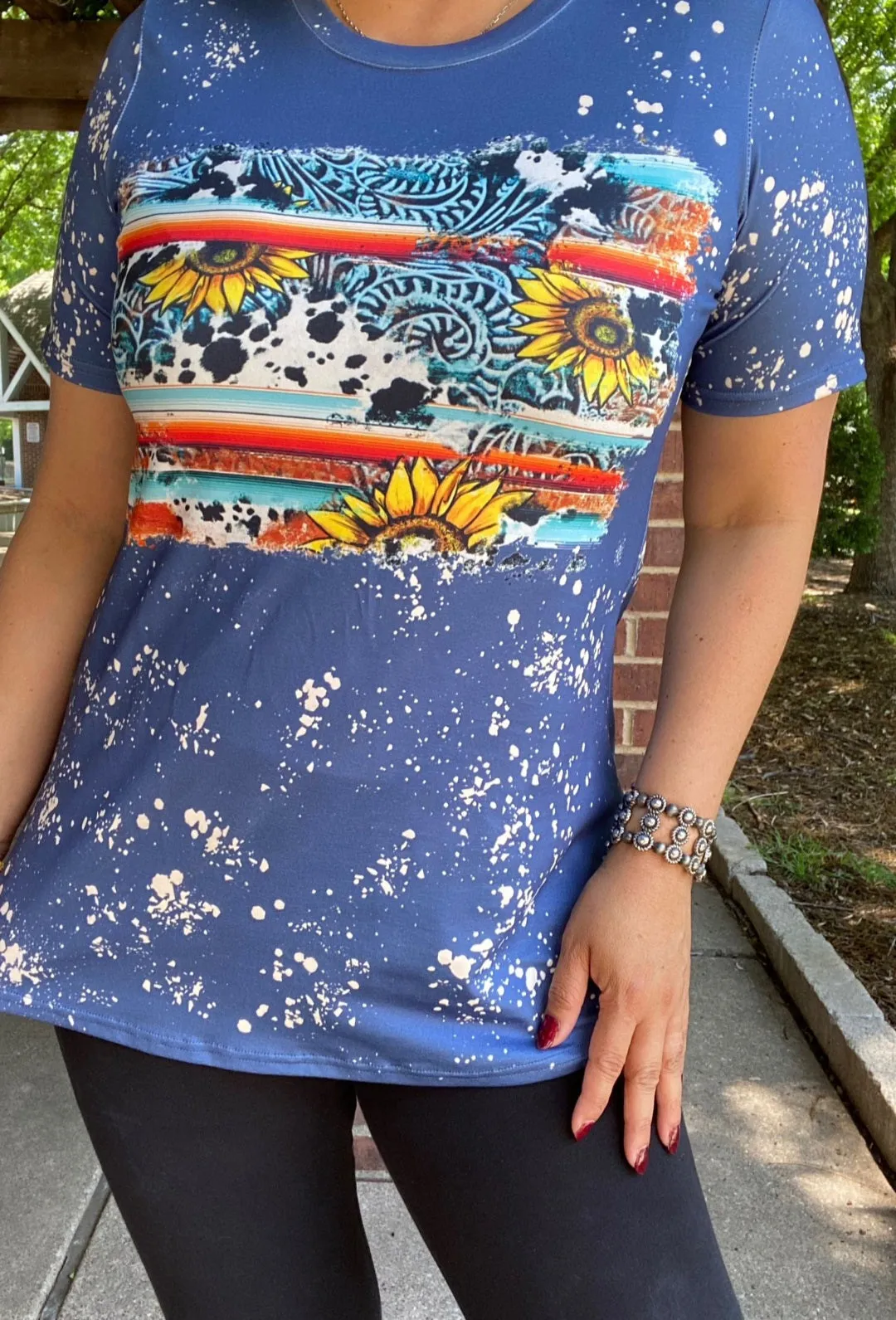 Blue Western Cow & Sunflower graphic short sleeve top
