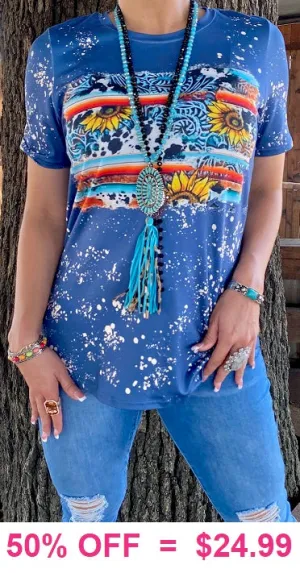 Blue Western Cow & Sunflower graphic short sleeve top