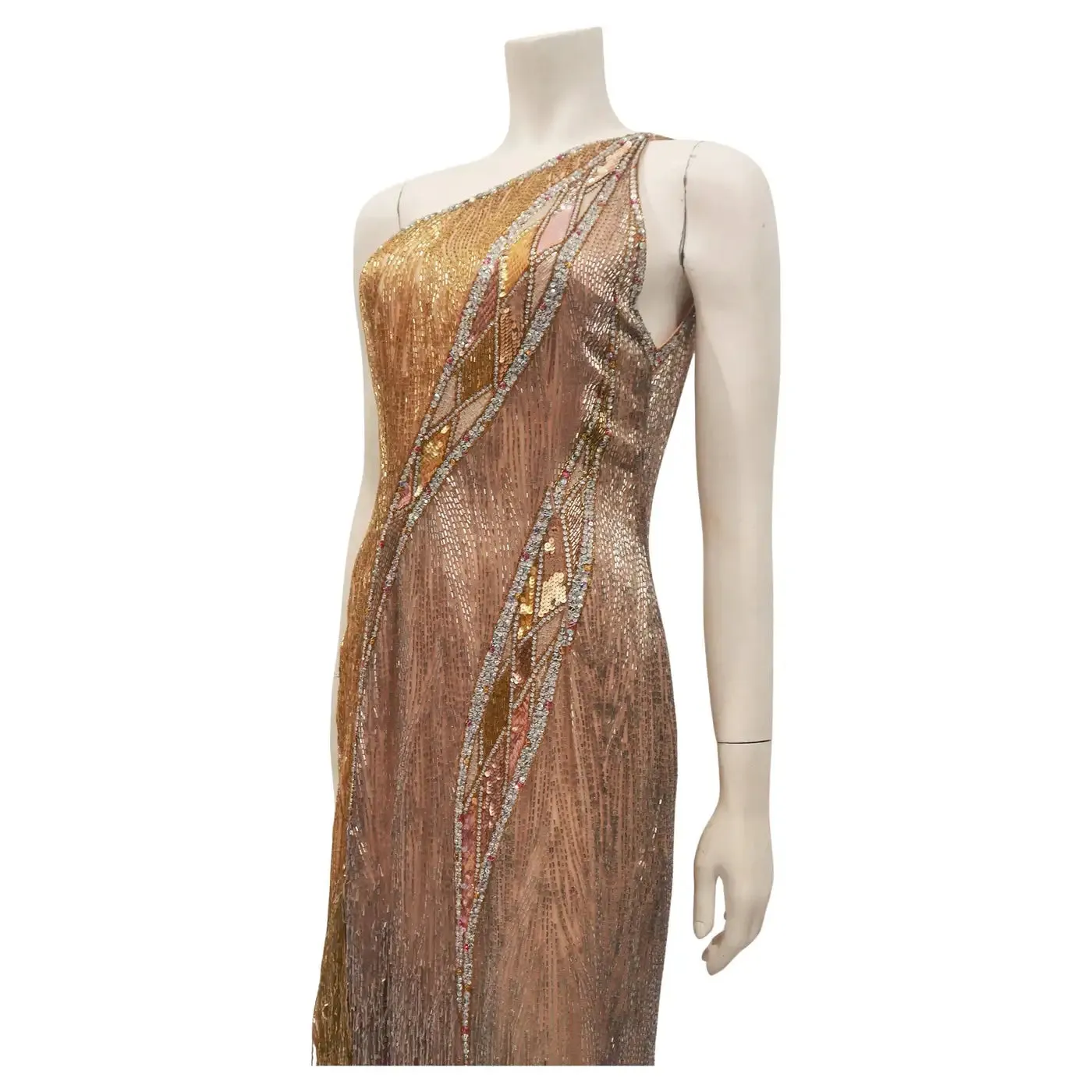 BOB MACKIE Asymmetrical Glass Bead and Sequined Gown with Beaded Fringe