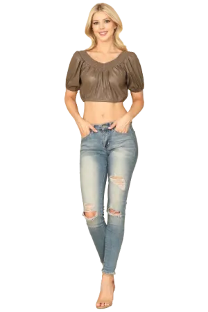 Brown Short Puff Sleeve Leather Crop Top - Pack of 5