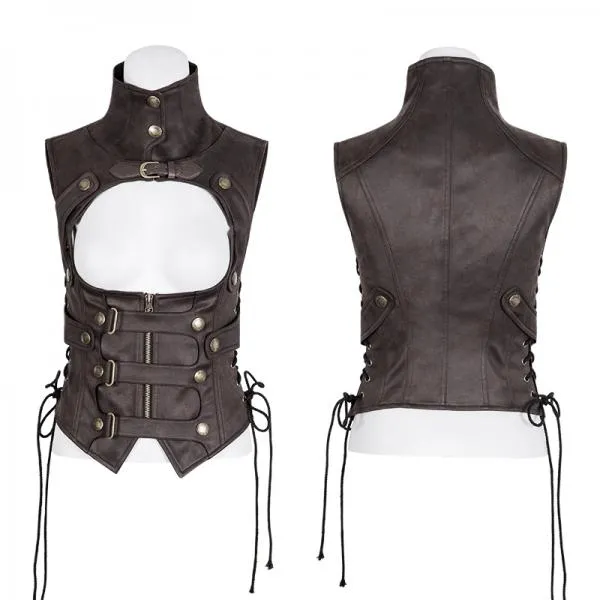 Brown - Steampunk Leather Loop Buckle Vest -