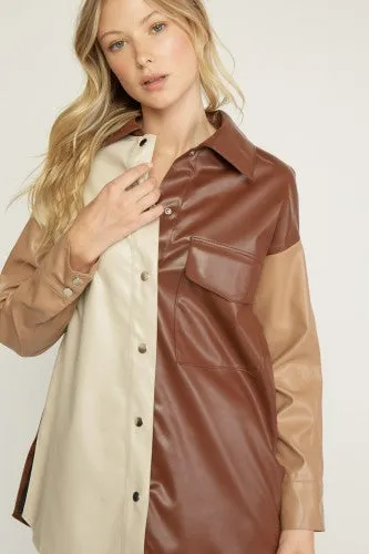 Camel Combo Colorblock Faux Leather Shacket