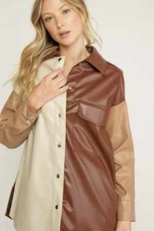 Camel Combo Colorblock Faux Leather Shacket