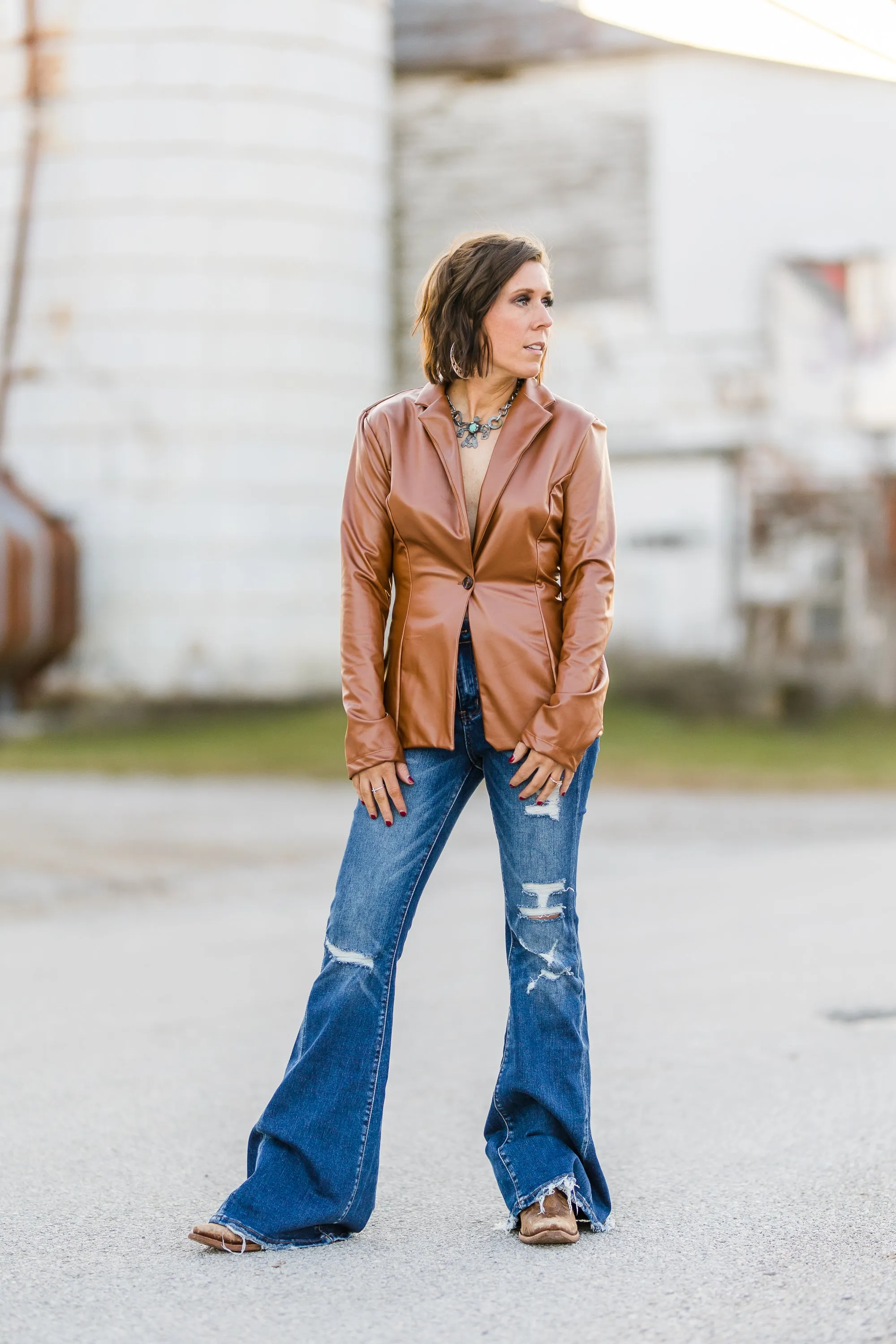 Camel Faux Leather Stretch Blazer