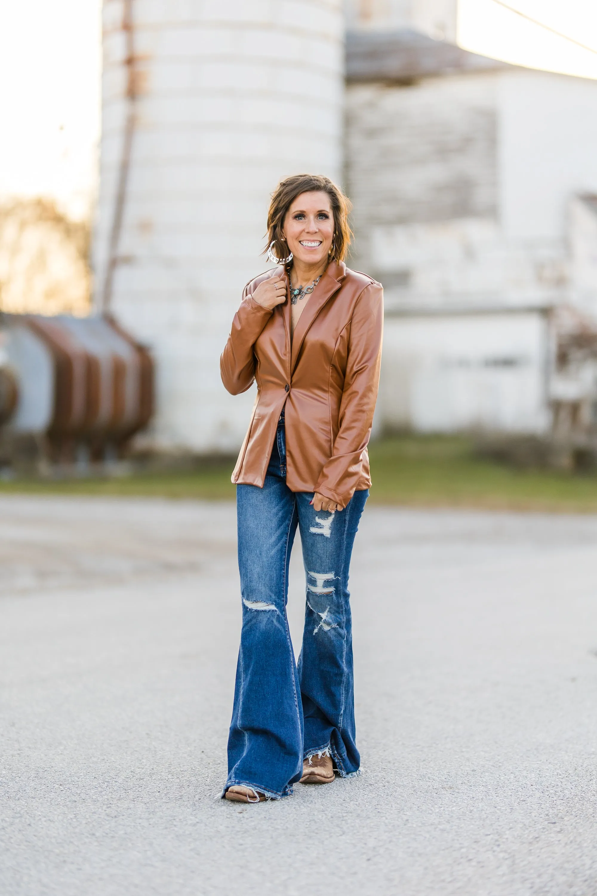 Camel Faux Leather Stretch Blazer