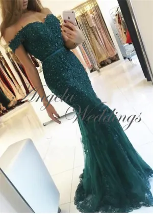 Cap Sleeve Lace Mermaid Dark Green Prom Dresses 2020 Floor Length