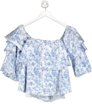 Caroline Constas Blue Off The Shoulder Tiered Ruffle Top In Floral Print UK XS